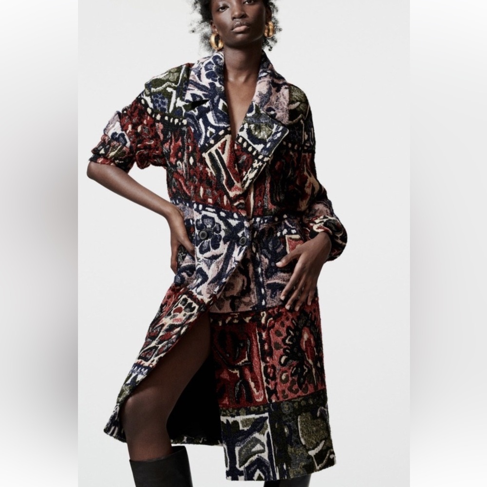 Zara Multicolor Patchwork Jacquard Trench statement Coat size L